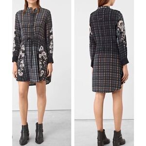 All Saints Prairie Shirt Dress Silk Long Sleeve Women 8 Black Gray Plaid Floral